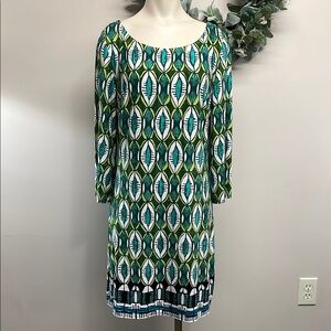 Laundry By Shelli Segal Green Abstract Geo Print 3/4 Sleeve Jersey Shift Dress S